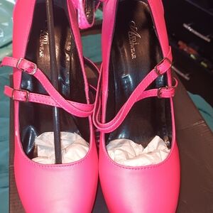 Hot Pink Double-Strap Mary Jane Heels - Women's
